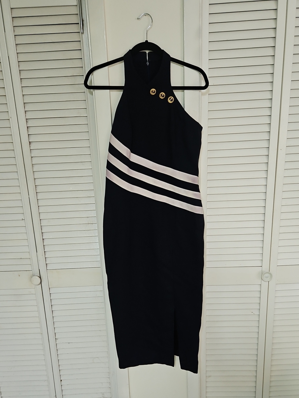 Vintage Sleeveless Nautical Navy Pencil Dress with Ivory Stripes